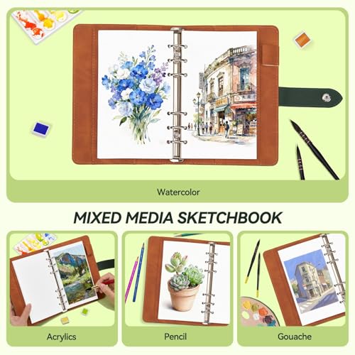Lightwish Watercolor Sketchbook Refillable 100% Cotton, 300gsm (140lb) - 6.69" x 3.94" Hot Press Watercolor Paper Journal Notebook - 20 Sheets with PU Leather Cover for Drawing Mixed Media - color: green
