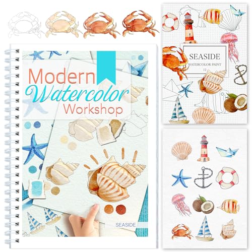 Watercolor Workbook with Step-by-Step - 12 Watercolor Coloring Pages - 100% Cotton 300gsm/140lb Watercolor Paper - Gift for Women, Adults, Beginners (Seaside) - style: Seaside