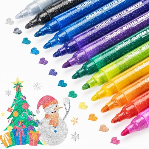Ohuhu Glitter Markers Pen: 12 Glitter Colors Metallic Shimmer Marker Round Tip Water-based Ink for Kids Adults DIY Crafts Greeting Birthday Cards Making Mugs Wood Medium Tip 3.0mm - color: 12 Colors, size: Medium Tip 3mm