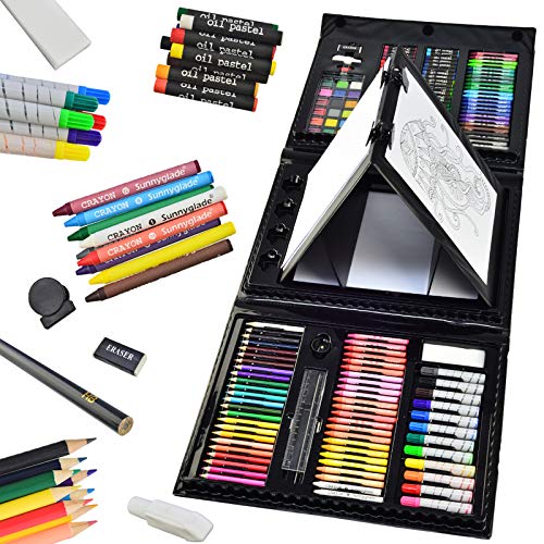 Sunnyglade 185 Pieces Double Sided Trifold Easel Art Set, Drawing Art Box with Oil Pastels, Crayons, Colored Pencils, Markers, Paint Brush, Watercolor Cakes, Sketch Pad - color: multi-color
