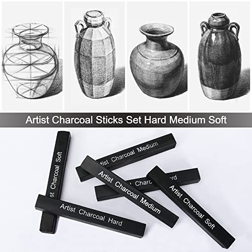 6 Pack Compressed Charcoal Sticks, Vine Charcoal Stick for Drawing, Sketching, Shading, Art Supplies Sketch Kits Tools Soft, Medium and Hard Grade - color: Black-6