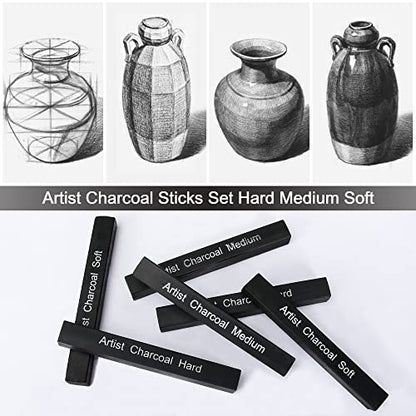 6 Pack Compressed Charcoal Sticks, Vine Charcoal Stick for Drawing, Sketching, Shading, Art Supplies Sketch Kits Tools Soft, Medium and Hard Grade - color: Black-6
