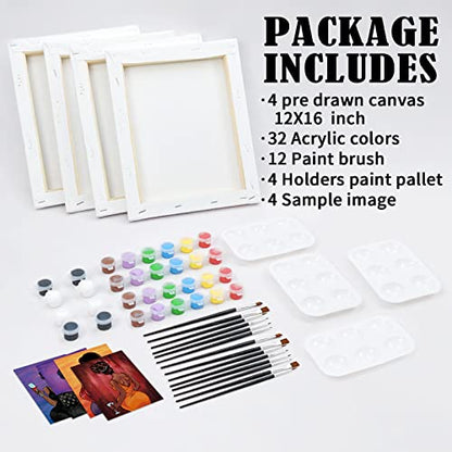 VOCHIC 4 Pack Pre Drawn Canvas Painting Kit for Adults Paint and Sip Party Supplies 12x16 in 8 Acrylic Colors, Brushes, Pallet Chic Girl Art Set - size: 12x16, style: style 2