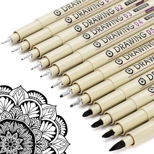 Muchcute Micro Fineliner Drawing Art Pens: 12 Black Fine Line Waterproof Ink Set Artist Supplies Archival Inking Markers Liner Sketch Outline Anime Gifts Manga Sketching Watercolor Zentangle Kit Stuff - color: 12 Tip Sizes