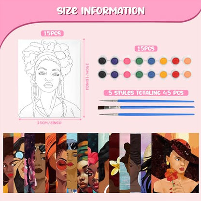 Sherr 75 Pcs 15 Set Pre Drawn Canvas Kit for Painting Craft Sip and Paint Kit for Adults Elegant Black Women Pre Printed Canvas Painting Favor for DIY Black History Month Gifts Adult's Date Party - style: Elegant Lady