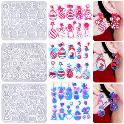 JHYlilia 3 Pack Easter Earring Molds for Resin, Easter Bunny Molds Silicone Egg Epoxy Resin Casting Mold with 200pcs Metal Hook for Keychain Jewelry Pendant DIY Earring Supplies - color: Easter 3pcs