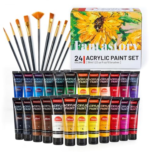 Fantastory Acrylic Paint Set 24 Tubes × 36 ml; Excellent Coverage, High Light Fastness, Waterproof Acrylic Paint, with Additional White & Gold, for Canvas, Wood, Ceramics, Models, Artists - style: 24 Colors