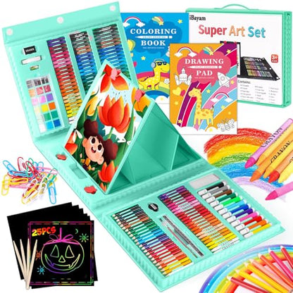 iBayam Art Supplies for Adult, Art Set Case with Trifold Easel, Scratch Paper, Sketch Pad, Coloring Book, Crayons, Pencils, Oil Pastels, Watercolors, Sharpener - color: Green