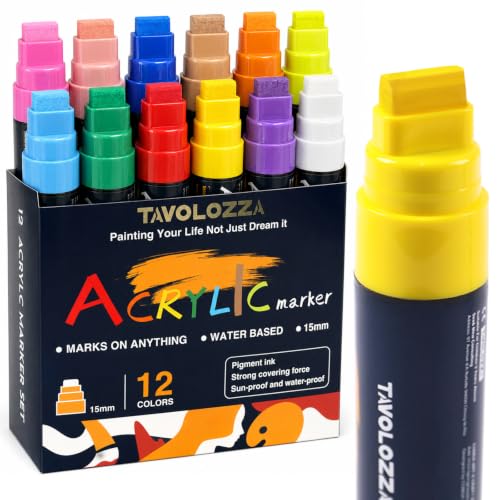 12 Vibrant Colors Jumbo Acrylic Paint Markers, 15MM Graffiti Markers, Waterproof Jumbo Poster Markers for Canvas, Poster Board, DIY Crafts, Window, Wood & Fabric, Thick Marker for Artists & Teachers - color: Neon