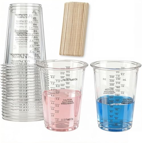 20PCS 8oz Disposable Plastic Measuring Mixing Cups with 20 Wooden Stirring Sticks, Clear Graduated Cups for Epoxy Resin Paint Pigment Mixing (20)