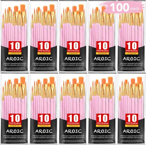 AROIC Painting Brushes Set, 10 Packs /100 Pieces, Nylon Brush Head, Suitable for Oil and Watercolor, Perfect Suit of Art Painting, Best Present for Painting, Pink - size: 100pcs-pink