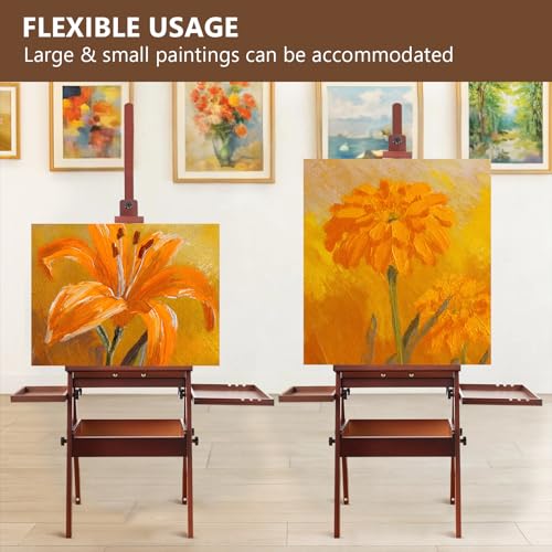 Large Wooden H-Frame Studio Easel with Storage Drawer and Palettes, Solid Beechwood Painting Easel for Students, Beginners, and Artists, Hold Canvas to 36Inches High, Walnut - style: Side Trays Walnut