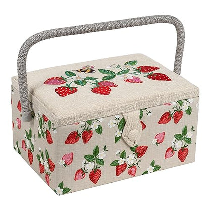 Hobby Gift Medium Sewing Box Organiser, Fabric Covered Storage Box with Handle, Internal Tray, Pin Cushion and Pocket for Sewing, Quilting and Knitting Supplies - color: Strawberries