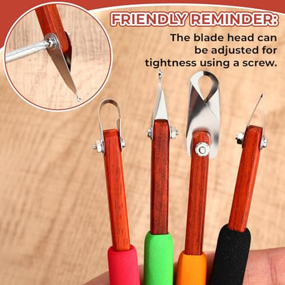 Lanties 4 Pcs Pottery Carving Tool Set Sculpture Scraper Craft Modelling Tools Red Pear Wood Texture Handle with Stainless Steel Blade for Clay Carving, Ceramic Sculpting, Graffito (Novel Color) - color: Novel Color