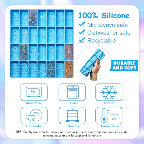 Patelai Domino Mold for Resin Domino Mold for Epoxy Candy Clay Chocolate Mould 28 Cavities Silicone Mould Pendant Epoxy Cake Jewelry Making Tool (Holographic, Blue) - size: Holographic