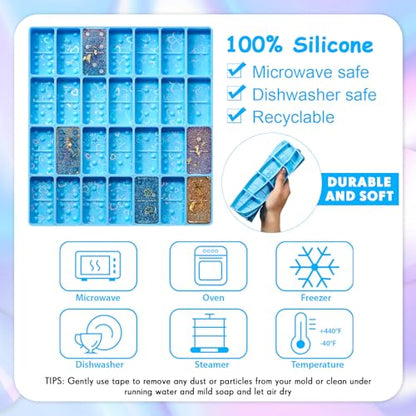 Patelai Domino Mold for Resin Domino Mold for Epoxy Candy Clay Chocolate Mould 28 Cavities Silicone Mould Pendant Epoxy Cake Jewelry Making Tool (Holographic, Blue) - size: Holographic