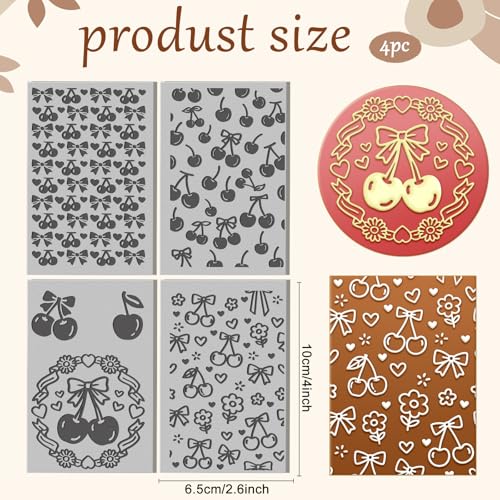 4 Sheets Bow Clay Texture Mat Cherry Pattern Polymer Clay Texture Sheets Valentine's Day DIY Tools for Pottery Earring Jewelry Making Stamp Engraving Machines, 3.9x2.6inch - style: Cherry Pattern