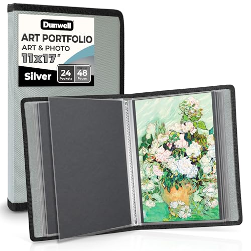 Dunwell 11x17 Art Portfolio Binder with Black Mounting Paper (Silver), Large Portfolio Folder for Artwork Storage, 24 Clear Plastic Sleeves, Displays 48 Pages, Acid-Free Poly 11 x 17 Presentation Book - color: Silver, size: 11x17" w/ BLK Paper