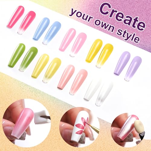 9 Colors Pat Painting Nail Gel,Hema＆TPO Free,6-in-1 Gradient Ombre Paint Nails Gel Palette for Blooming,Nail Color Gel,Liner Gel,French Nail,with Chrome Powder,No Wipe,DIY Nail Art(J) - color: Fairy Spring