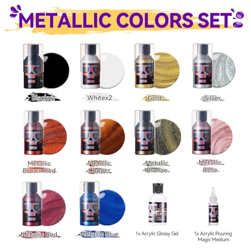OPHIR Metallic Pouring Paint Set, Pre-Mixed Paint Pouring Supplies, Ready to Pour Metallic Acrylic Paint for Canvas, Paper, Rocks, Wood, Glass, Includes 10 Colors, Pouring Medium & Acrylic Glossy Gel - color: 6 Metallic & 2 Black & 2 White Colors Set+1 Po