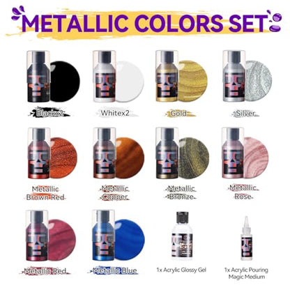OPHIR Metallic Pouring Paint Set, Pre-Mixed Paint Pouring Supplies, Ready to Pour Metallic Acrylic Paint for Canvas, Paper, Rocks, Wood, Glass, Includes 10 Colors, Pouring Medium & Acrylic Glossy Gel - color: 6 Metallic & 2 Black & 2 White Colors Set+1 Po