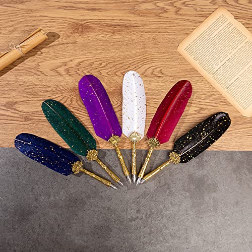 Joyeee Feather Calligraphy Dip Pens and Nibs, Stationery Paper, Pen Base, Spoon, Black Ink Bottle, Dip Pen Wooden for Writing Letters, Greeting Cards, Valentine’s Day Gift for Writing Drawing Lover - color: #102 Purple feather pen set