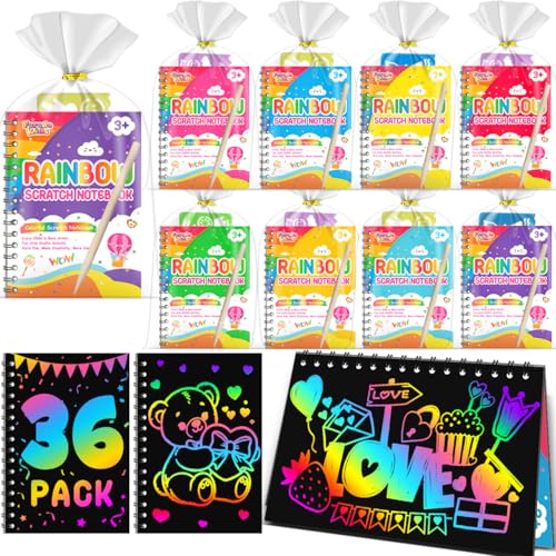 Scratch Paper Art Party Favors for Kids: 36 Pack Rainbow Scratch Notebook, Goodie Bags Stuffers Coloring Books Party Favors for Kids 3-12, Bulk Classroom Birthday Gifts for Student - style: 36 Pack
