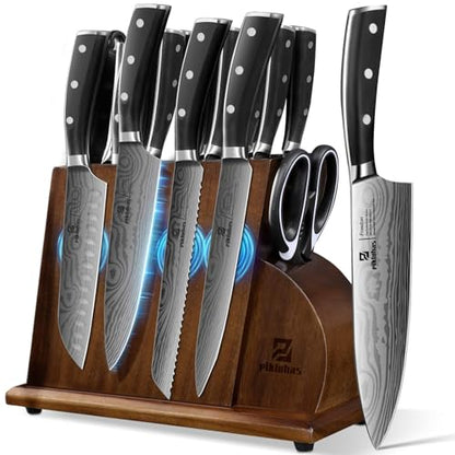 Piklohas Knife Sets for Kitchen with Block, 17 Pieces with Magnetic Knife Holder, German High Carbon Stainless Steel Damascus Pattern Chef Knife Set, Ideal for Gift