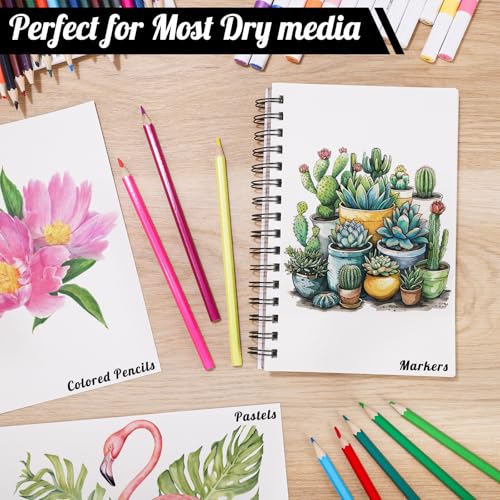 4 Pack Mixed Media Sketchbook, 5.5x8.5 inches Drawing Paper Sketch Book, 98lb/160gsm Heavyweight Spiral Bound Sketch Pads, Suitable for Wet and Dry Media, Drawing, Painting, Sketching(200 Sheets) | 160gsm acid-free paper, for dry and light wet media, lays