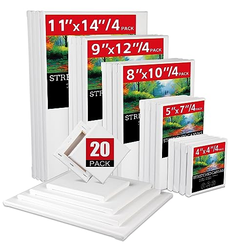 20 Pack Stretched Canvases for Painting with 4packs of 4x4, 5x7,8x10,9x12, 11x14 100% Cotton Blank Painting Canvas for Oil, Acrylic Paint & Other Painting Media - size: Mix 20Pack
