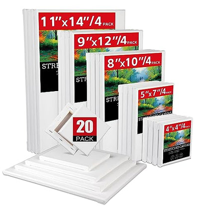 20 Pack Stretched Canvases for Painting with 4packs of 4x4, 5x7,8x10,9x12, 11x14 100% Cotton Blank Painting Canvas for Oil, Acrylic Paint & Other Painting Media - size: Mix 20Pack