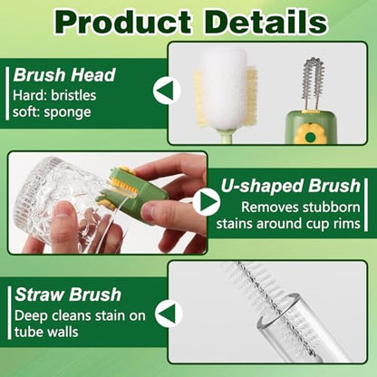 5 in 1 Bottle Cleaning Brush Set, 2026 New Multifunctional Water Bottles Cleaner Brushs, Detachable Portable Bottle and Cup Lid Cleaning Brush Tool, Straw, Lid, Gap & Cup Brushes (Green + White)