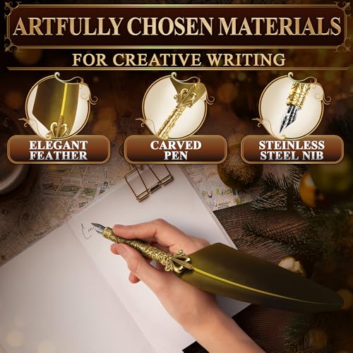 Antique Writing Quill and Ink Set – Stainless Steel Dip Pen Feather Quill Pen and Ink Set with 5 Spare Nibs, Anti-Slip Patterned Grip, Gift-Ready Box with Display Stand – Calligraphy Gift Set (Golden) - color: Gold