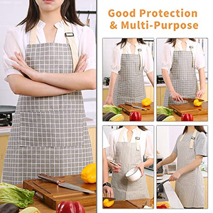 Tosewever 2 Pieces Kitchen Cooking Aprons, Waterproof Linen Adjustable Bib Aprons with 2 Pockets for Women Men Chef (Grey Stripes/Plaids, 2) - color: Grey Stripes/Plaids