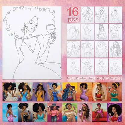16 Pcs Pre Drawn Canvas for Painting for Adults Sip and Paint Kit Pre Printed Canvas to Paint DIY Art Party Supplies Girls Night Date Night (Sip Lady, 8x10 in) - size: 8x10 in, style: Sip Lady