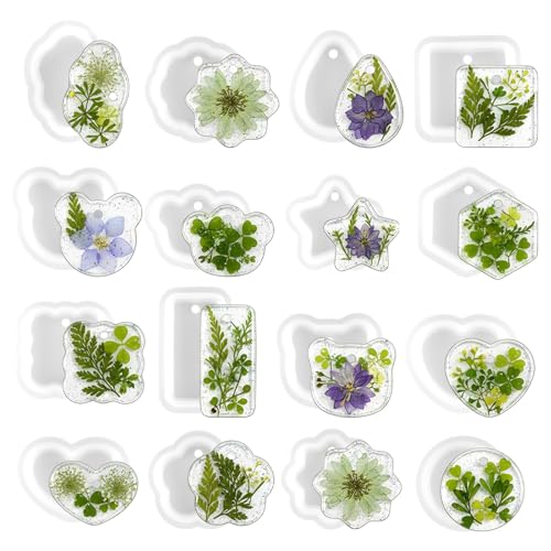 16PCS Resin Keychain Molds, Resin Jewelry Molds Christmas Variety Geometric Pendant Silicone Earring Mold with Hanging Hole, Necklace Keychain Mold for Pendant Jewelry Making Home Decor