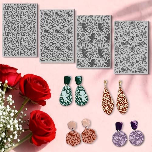CHGCRAFT 4 Pcs Valentine's Day Polymer Clay Texture Sheet Love and Heart Cupid Mail Rubber Clay Texture Mat for Polymer Clays Making Earrings Jewelry DIY Crafts 3.9x2.6inch - style: Cupid Pattern