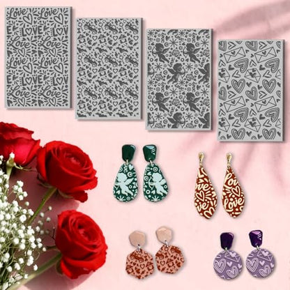 CHGCRAFT 4 Pcs Valentine's Day Polymer Clay Texture Sheet Love and Heart Cupid Mail Rubber Clay Texture Mat for Polymer Clays Making Earrings Jewelry DIY Crafts 3.9x2.6inch - style: Cupid Pattern