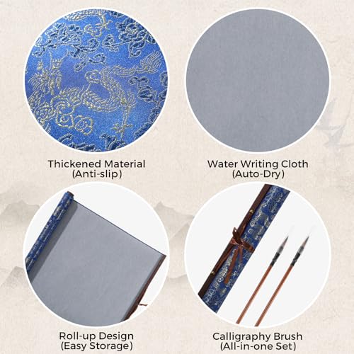 Water Drawing Mat with Chinese Calligraphy Brush Set, Reusable Water Painting Mat for Beginners, Portable Canvas Rolls for Painting and Calligraphy Practice for Mom