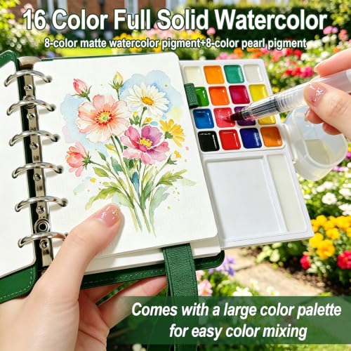 Travel Watercolor Set, 16 Colors Standard (8 Matte & 8 Shimmer), Mini Paint Kit with 30-Sheet 300G Cotton Sketchbook, Detachable Palette, Water Cup & Water Brush, Green - color: Green