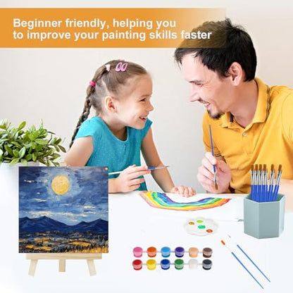 50 Pack Mini Canvas and Easel Set Bulk, 4x4 inch Small Canvases for Painting with Easels Stand, Mini Canvas Panels with Wood Easel Set for Students School Art Painting Party Supplies
