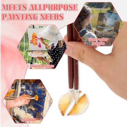 6 Pieces Artist Fan Paint Brush Set,Professional Acrylic Paint Brushes with Nylon Hair DIY Craft Long Wood Handle for Acrylic Watercolor Oil Gouche Painting Rock Painting