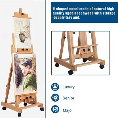 Large H-Frame Easel, Studio Easel Stand Wooden Art Craft Painting Stand with 56.3-91.34 in Adjustable Height & Wheels for Painting Canvas