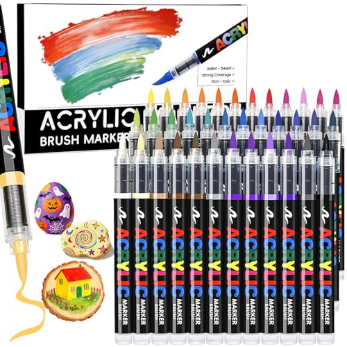 36 Colors Acrylic Paint Markers Brush Tip, Colored Paint Pens Set with Direct-Liquid Ink Control System, Water-Based Coloring Markers for Pumpkin Decorating Kit, Rock, Fabric, Wood, Wood, Art Supplies - color: 36 Colors