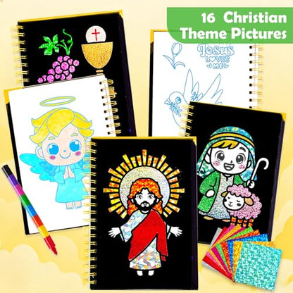 FUNNYB&G Foil Art Craft Kit for Kids 4-10 Years Old: Mess-Free & No-Glue, Create 16 Sparkly Christian Pictures – Perfect Travel Toy & Birthday Gift for Kids (Christian) - style: Christian