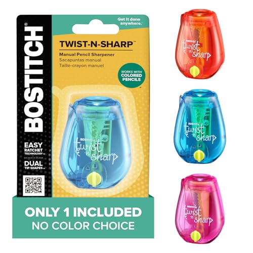 Bostitch Office Pencil Sharpener, Manual, One Assorted Color, Twist-n-Sharp, Kids, Boys, Girls, Colored Pencils, 1 Pack - color: Assorted, size: Single