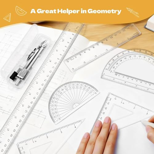 7Pcs Math Geometry Set - Ruler, Triangle, Protractor & Compass Kit, Clear Plastic Drawing Tools for School, Office, Math Class & Art Drafting