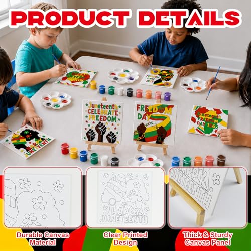 Cinrobiye 12 Pcs Juneteenth Canvas Craft Kit, DIY Pre Drawn Canvas Painting Activity Set with Easels Brushes and Aprons, Freedom Day Classroom Arts and Crafts Supplies for Group Event