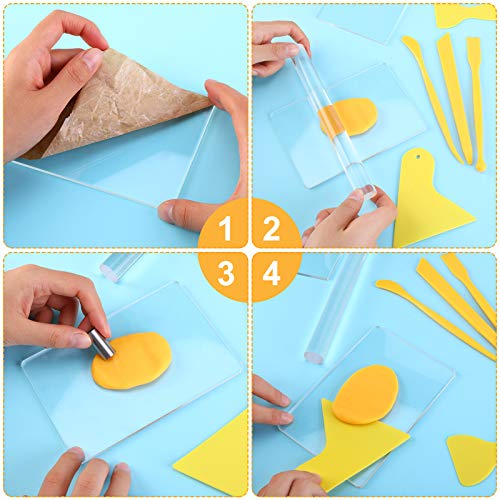 Honoson 24 Pcs Clay Sculpting Tools Kits Polymer Clay Tools DIY Set with Roller, Acrylic Sheet, Scraper Backing Board, Round Circle Shape Cutter, Shaping for Art Craft(Yellow) - color: Yellow