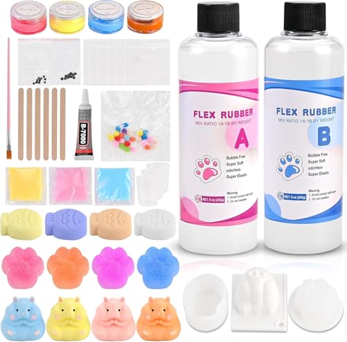 Faburo Taba Squishy Kit, 3 Levels DIY Softness, 18oz 41 Parts Upgrade Silicone Rubber Taba Squishies with 3 Mold- Cat Paw Hamster Fish, Taba Squishy Maker Molds Pack, Tabba Squishies Making Kit